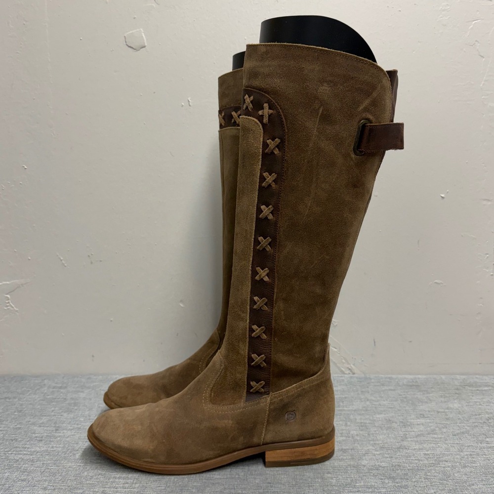 Born Tall Riding Boots Womens 6.5 Brown Suede Leather F72502 Cross Stitch Zip